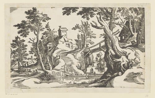 Rivierlandschap met brug by anonymous