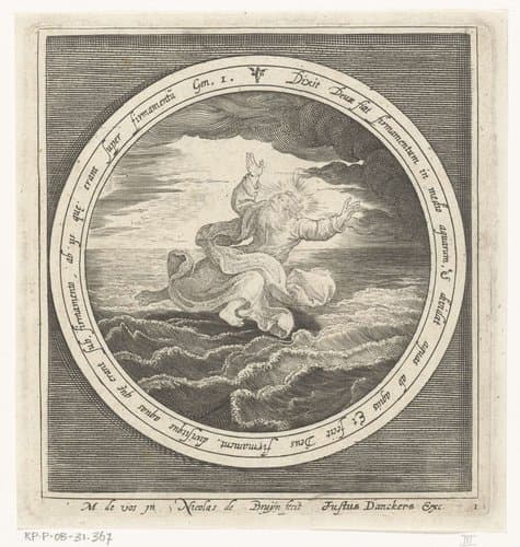 Tweede dag van schepping: God scheidt de watermassa's in hemel en zee by Nicolaes de Bruyn