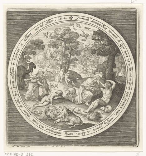 Zesde dag van schepping: God schept de dieren en Adam en Eva by Nicolaes de Bruyn