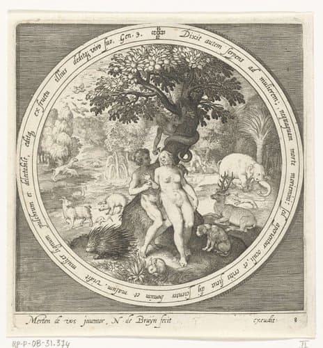 Eva wordt misleid door de slang bij de boom van goed en kwaad by Nicolaes de Bruyn