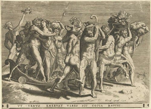 Bacchus en Venus in een koets getrokken door centauren by Cornelis Cort