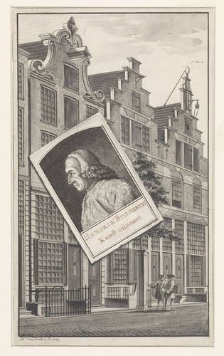Portret van Hendrik Busserus; portret ligt als het ware op huizenrij met het huis van de voorgestelde