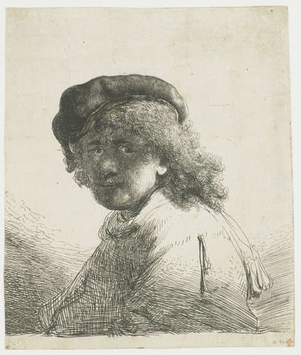Self-portrait in a cap and scarf with the face dark: bust by Rembrandt van Rijn