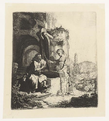 Christus en de Samaritaanse vrouw: op de achtergrond ruïnes by Rembrandt van Rijn