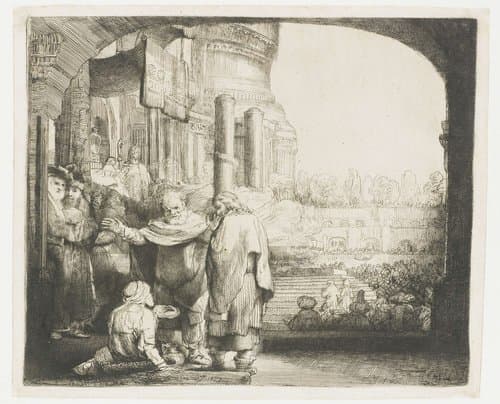 Petrus en Johannes genezen een kreupele aan de tempelpoort by Rembrandt van Rijn