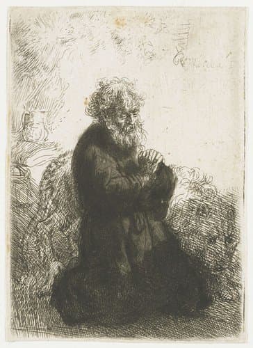 Hieronymus geknield in gebed, de blik naar beneden gericht by Rembrandt van Rijn