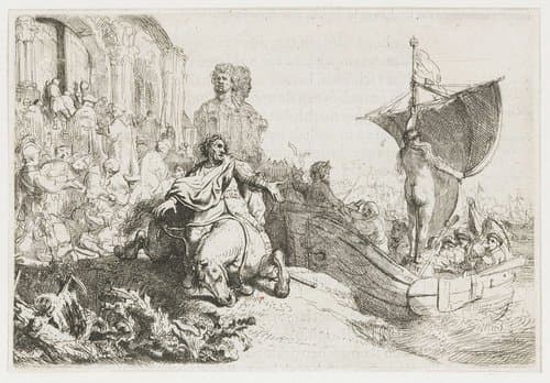 Het schip van Fortuna: de sluiting van de Janus tempel na de nederlaag van Marcus Antonius bij Actium by Rembrandt van Rijn
