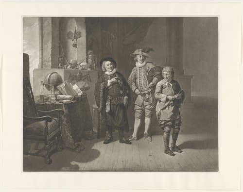 David Garrick in de rol van Abel Drugger, meneer Burton als 'Subtle' and John Palmer als 'Face' by John Dixon