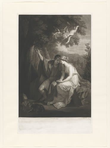 Angelica en Medoro zittend in een landschap by Richard Earlom