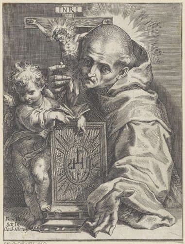 De heilige Bernardinus van Siena met crucifix en putto by Cherubino Alberti