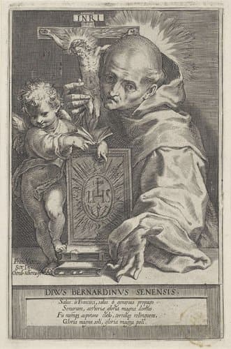 De heilige Bernardinus van Siena met crucifix en putto by Cherubino Alberti