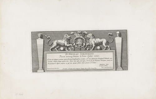 Titelprent met leeuwen en hermen by Pietro Sante Bartoli