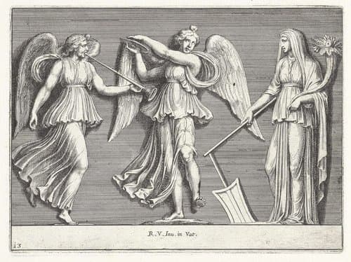 Twee engelen en een vrouwenfiguur by Pietro Sante Bartoli