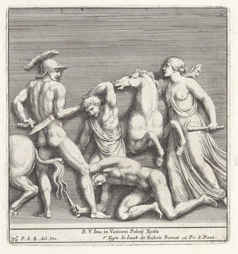 Drie mannen en een Amazone by Pietro Sante Bartoli