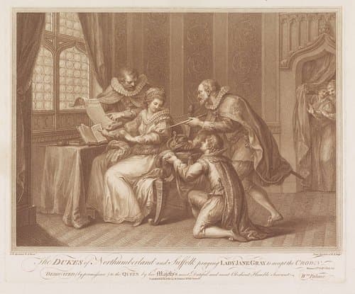 Hertogen van Northumberland en Suffolk vragen Lady Jane Grey de kroon te aanvaarden by Francesco Bartolozzi