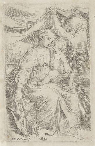 Heilige Familie met gordijn by Simone Cantarini