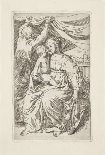 Heilige Familie met gordijn by anonymous