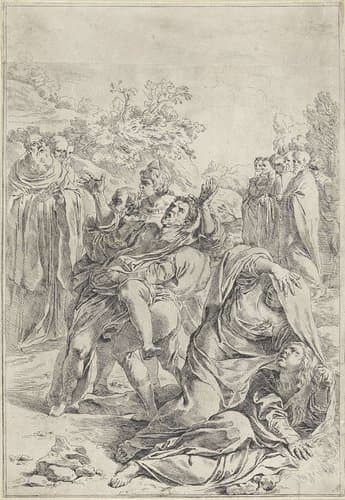 Heilige Benedictus drijft een demon uit by Simone Cantarini