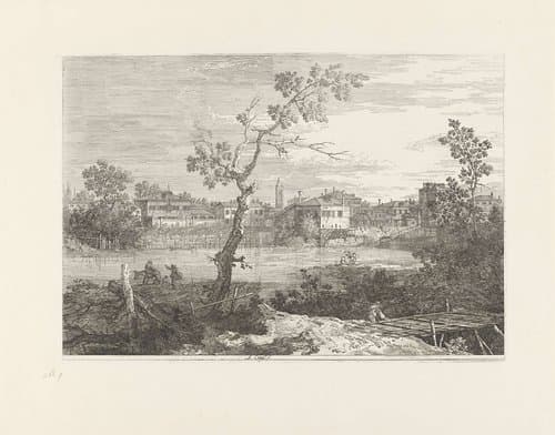 Gezicht op dorp aan rivier by Canaletto