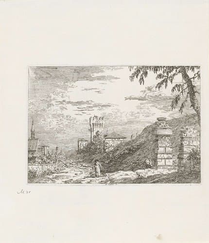 Landschap met toren en twee resten van pijlers by Canaletto