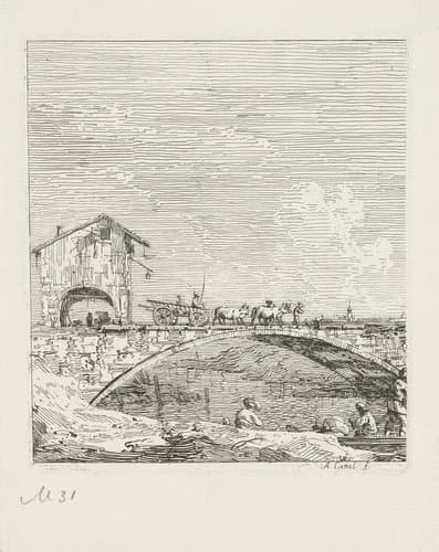Landschap met wagen op brug by Canaletto