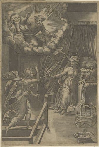 Annunciatie met God de Vader by Giovanni Jacopo Caraglio