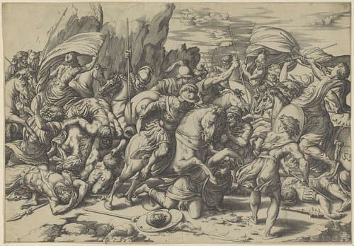 Gevecht met schilden en lansen by Giovanni Jacopo Caraglio