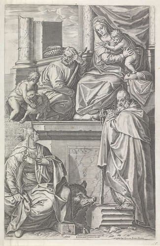 Heilige Familie met de heilige Catharina van Alexandrië en de heilige Antonius by Agostino Carracci