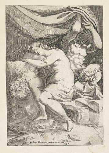 Sater bespiedt een slapende vrouw by Francesco Brizio