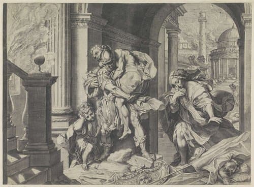 Aeneas vlucht met zijn familie uit Troje