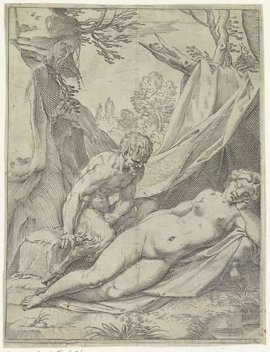 Sater bespiedt een slapende nimf by Agostino Carracci