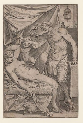 Nimf en sater met schietlood by Agostino Carracci