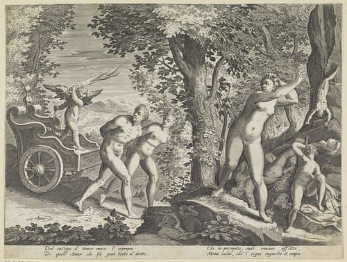 Naakten voortgejaagd door Amor by Justus Sadeler