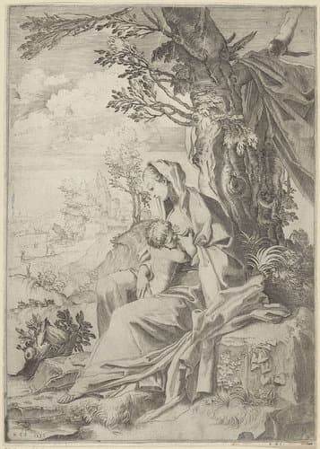 Maria zoogt het Christuskind in een landschap by Francesco Brizio