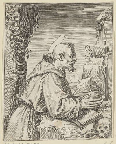 De heilige Franciscus aanbidt crucifix by Agostino Carracci