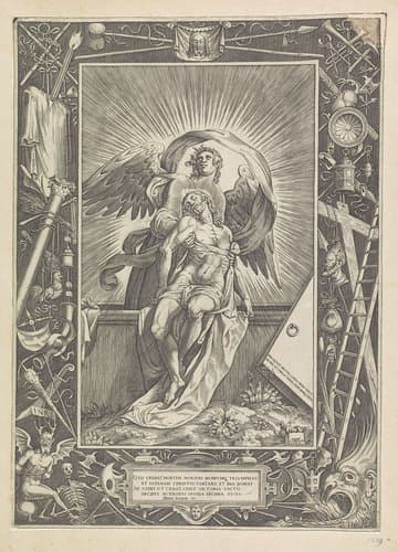 Engel ondersteunt dode Christus op rand van graf by Mario Cartaro