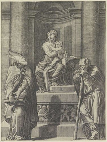 De heilige Jozef en een bisschop bij een altaar met Maria met Kind by Marco Dente