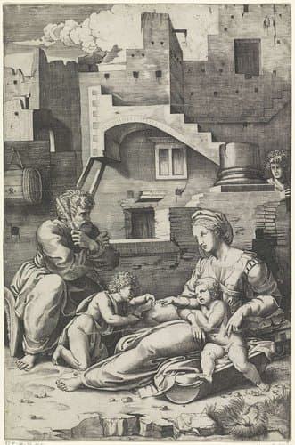 Heilige Familie met de jonge Johannes de Doper voor een vervallen gebouw by Marco Dente