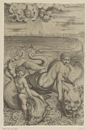 Venus en Amor op dolfijnen by Marco Dente