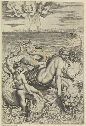 Venus en Amor op dolfijnen by Marco Dente