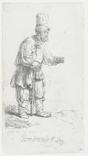 Staande boer met hoog hoofddeksel, leunend op een stok by Rembrandt van Rijn