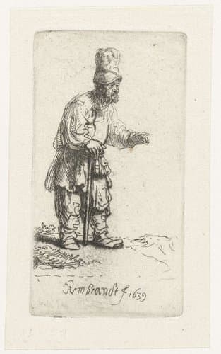 Staande boer met hoog hoofddeksel, leunend op een stok by Rembrandt van Rijn