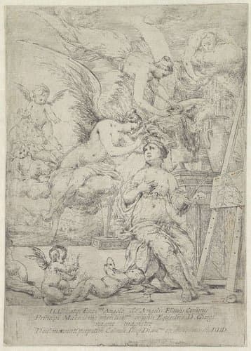Schilderende vrouw tussen engelen (personificatie van de schilderkunst) by Giuseppe Diamantini