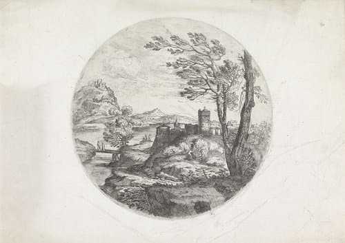 Landschap met twee vrouwen op een brug by Giovanni Francesco Grimaldi