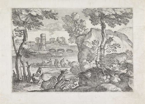 Landschap met drie bootjes op een rivier by Giovanni Francesco Grimaldi