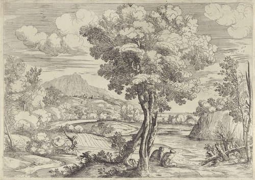 Landschap met vogel op boomstronk by Giovanni Francesco Grimaldi