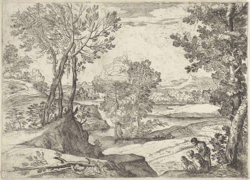 Landschap met een vrouw, man en kind by Giovanni Francesco Grimaldi