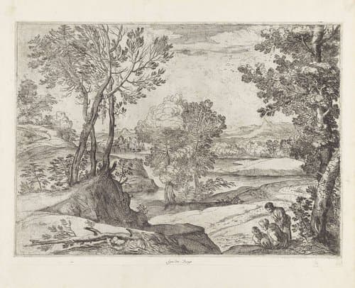 Landschap met een vrouw, man en kind by Giovanni Francesco Grimaldi