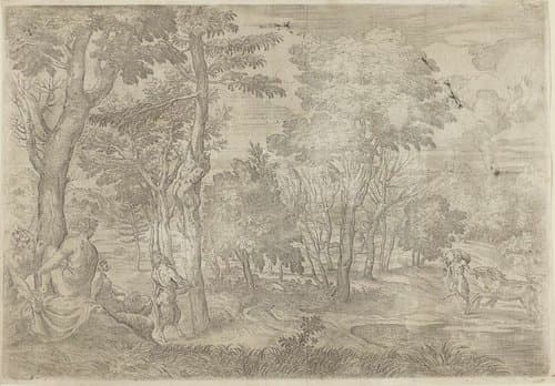 Landschap met nimfen en saters by Giovanni Francesco Grimaldi