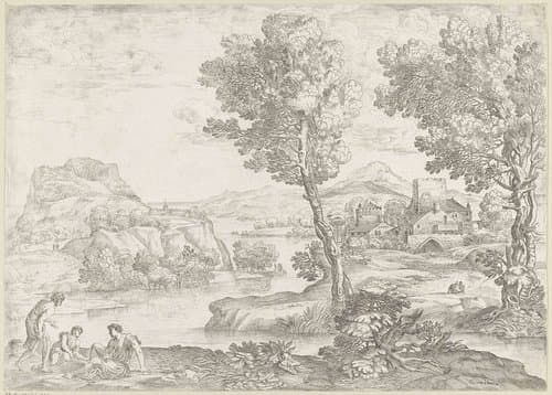 Landschap met staande man bij twee zittende mannen by Giovanni Francesco Grimaldi